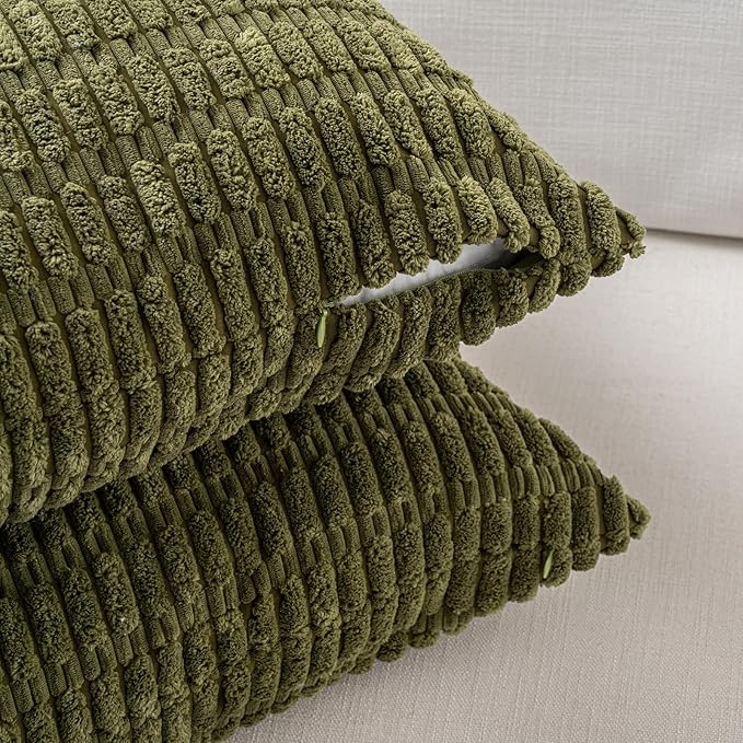 Fancy Homi 1 Pack Boho Moss Green Decorative Throw Pillow Covers 16x16 Inch for Couch Bed Sofa, Rustic Modern Farmhouse Home Decor, Soft Plush Corduroy Cute Square Cushion Case 40x40 cm