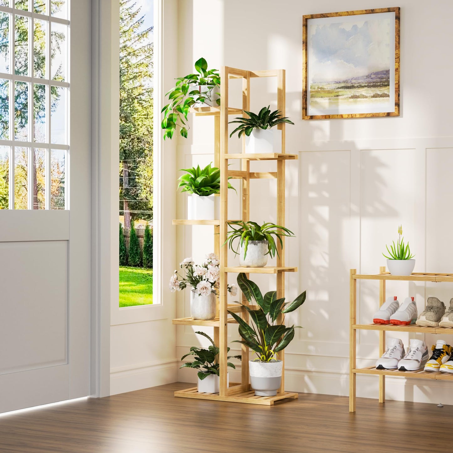 ROMGUAR CRAFT 6 Tier Bamboo Plant Stand Indoor, Wood Tall Flower Holder Corner Tiered Plant Shelf for Multiple Plants (Natural)