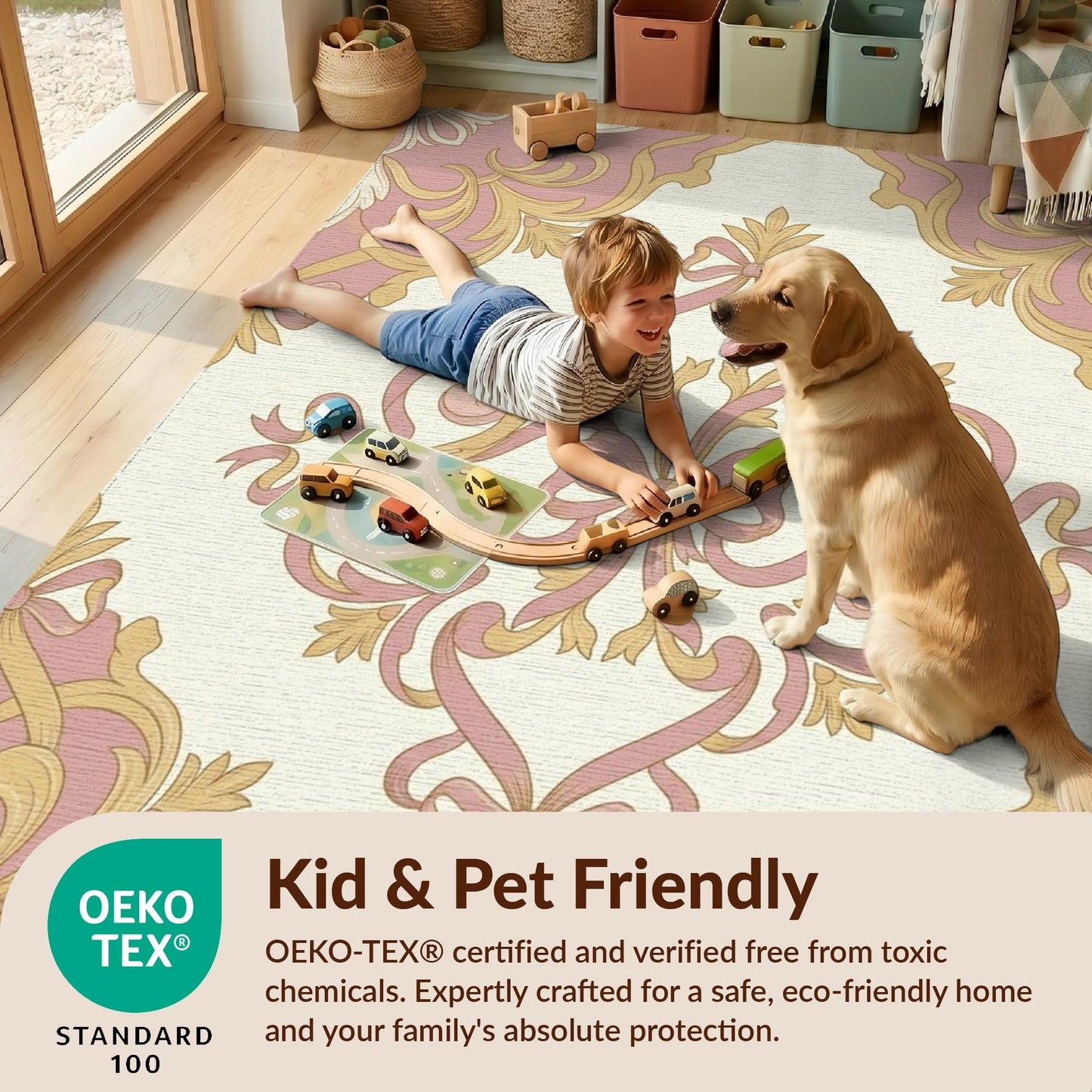 Design&I 6'x9' Washable Area Rug Circle Seats Showcasing Refined Centerpiece Pink Shaped Oversized Skid-Resistant Low Profile for Living Room, Family Room, Indoor