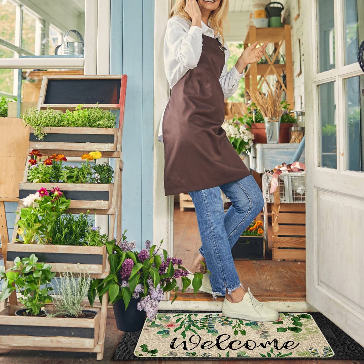 ORTIGIA Welcome Doormat Summer Eucalyptus Leaves Floral Doormat Outdoor Outside Indoor Entrance Mat Non-Slip Durable Absorbent Easy Clean Entryway 17x29 Inch