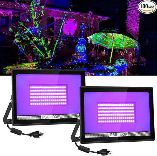 100W Black Lights, 2 Pack LED Blacklight Flood Light with Plug, IP66 Waterproof Black Lights for Glow Party, Glow in The Dark, Stage Lighting, Body Paint, Fluorescent Poster, Neon Glow