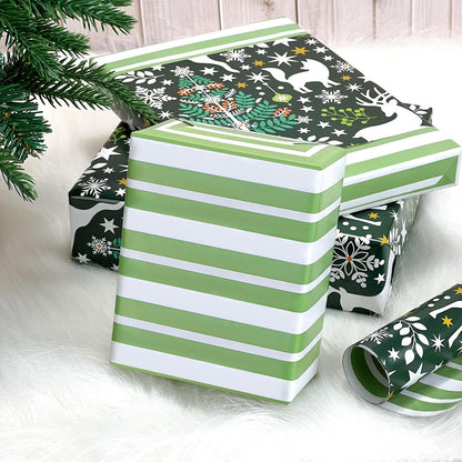 EWES Green Christmas Wrapping Paper Rolls, Matte Elegant Heavy Duty Premium Gift Wrap, Aesthetic Pattern with Christmas tree, Reindeer and Fox, Reversible, Total 48.6sq.ft