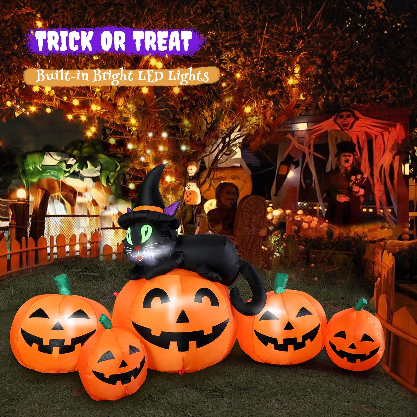 5FT Halloween Inflatable Pumpkin Outdoor Decoration, Lighted Blow Up Yard Decor, 5PCS Pumpkins with Witch’s Black Cat Built-in LED Lights for Balcony Home Holiday Party Lawn Patio Outside Events Prop