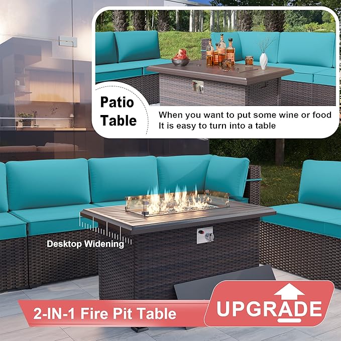 Kurapika 13 Pieces Patio Furniture Set, Rattan Wicker Outdoor Conversation Sets w/43in Propane Fire Pit Table(Blue)