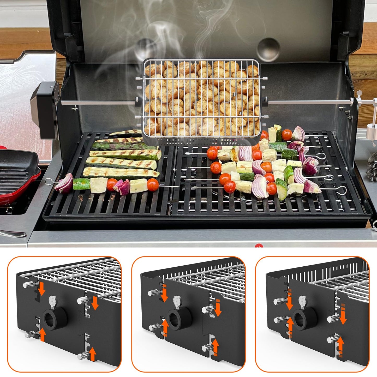 onlyfire Adjustable Rotisserie Basket, Stainless Steel Flat Rotating Cages Fits 1/2" Hexagon, 3/8" Hexagon, 3/8" Square & 5/16" Square Rotisserie Spit Rods and Most Chacoal, Kamado and Gas Grills