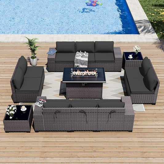 ALAULM 13 Pieces Outdoor Patio Furniture Set with Propane Fire Pit Table Outdoor Sectional Sofa Sets Patio Furniture 43" Gas Fire Pit Brown PE Rattan Patio Conversation Set w/10 Cushions (New Black)
