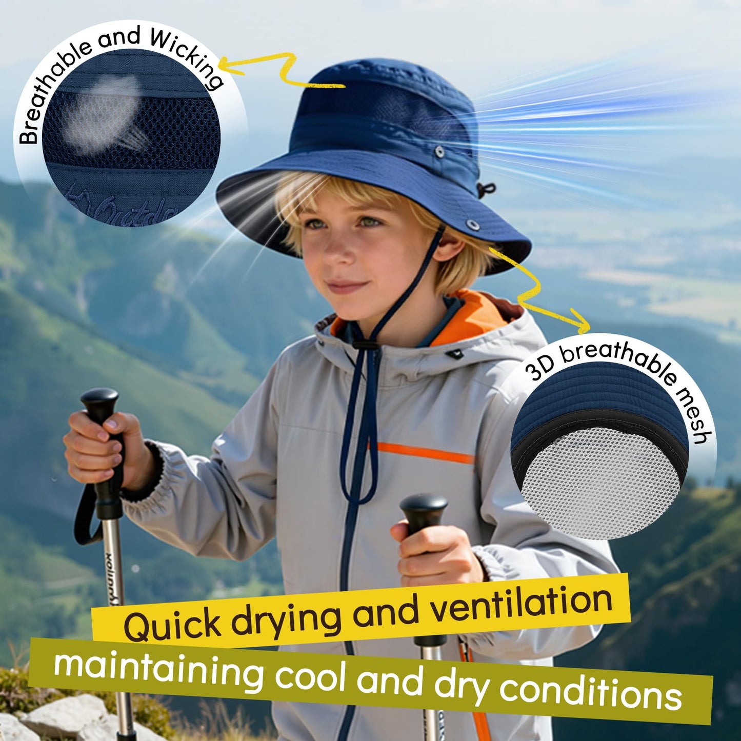 Zando 2 Pack Outdoor Kids Sun Hat UPF 50+ Waterproof Breathable Wide Brim Bucket Hat for Boys Girls Quick Dry Windproof Adjustable Chin Strap Summer Beach Fishing Travel Khaki Beige 5-13 Years