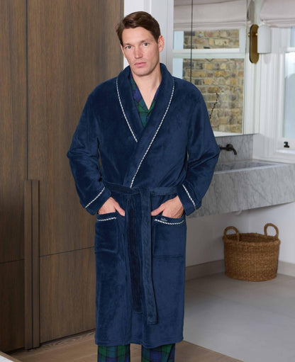 THE SAVILE ROW COMPANY LONDON Men's Lightweight Super Soft Warm Fleece Bath Robe Dressing Gown - Navy Rope Edge Plain - Large