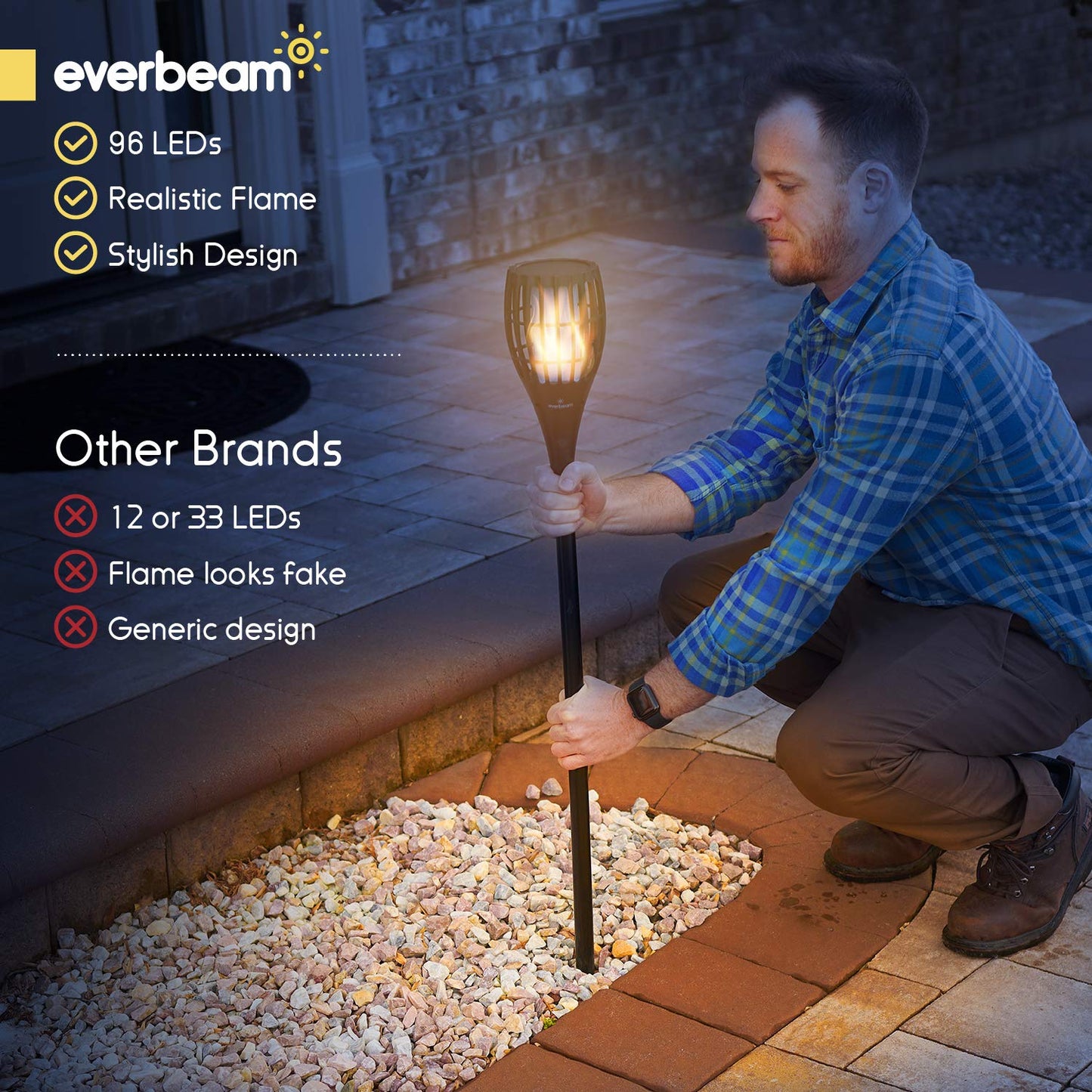 Everbeam P1 Solar Torch Light with Flickering Flame - Our Waterproof Outdoor Solar Tiki Torches Come Equipped with 96 LED Bulbs That Create A Stunning Realistic Fire Effect - 2 Pack