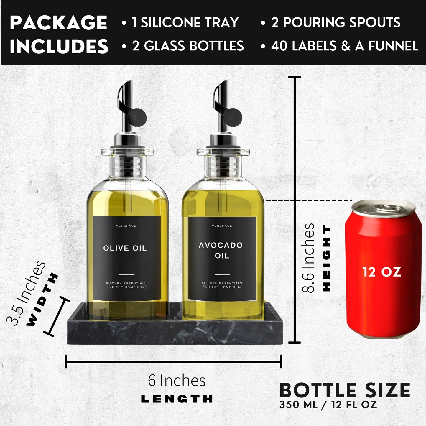 Verspace Olive Oil Dispenser Bottle For Kitchen With Silicone Tray & 40 Labels, Soy Sauce Dispenser, Coffee Syrup Dispenser, Olive Oil Bottles Set Of 2, Black