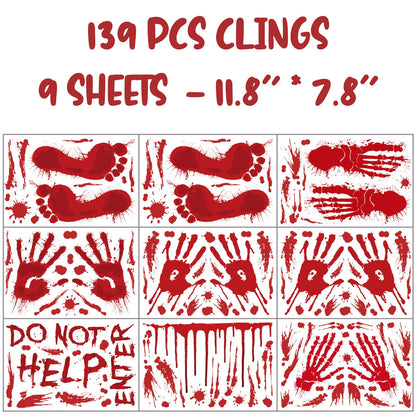 AREOK 139 Pcs Bloody Handprint Footprints Stickers - Halloween Bloody Window Clings Decals Decor Hand Prints - Spooky Scary Blood Halloween Window Decorations for Party Car Floor Mirror Door Bathroom
