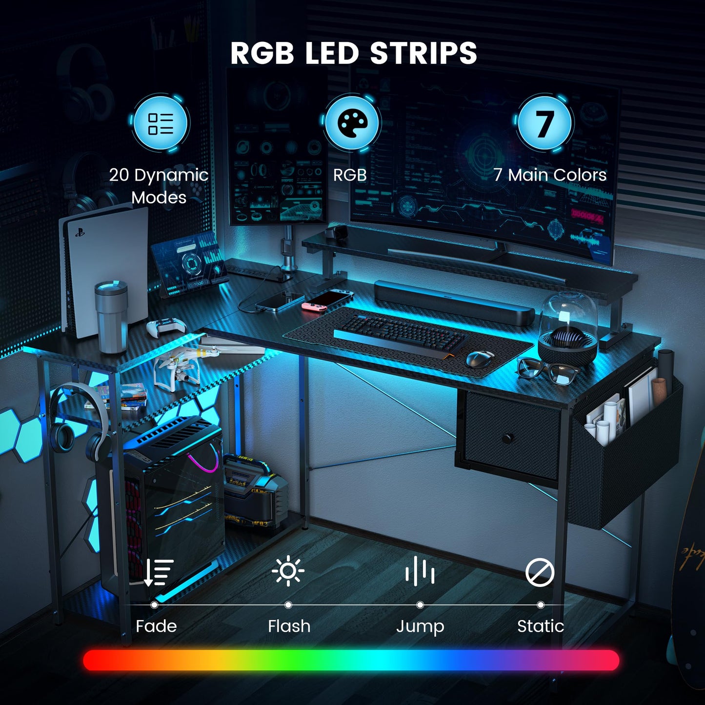 DOMICON Gaming Desk, 47 inch L Shaped Gaming Desk, Computer Desk with LED Lights & Adjustable Stand, Power Outlets, Storage Drawer, Reversible with Shelves, Hook, Black Carbon Fiber