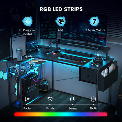 DOMICON Gaming Desk, 47 inch L Shaped Gaming Desk, Computer Desk with LED Lights & Adjustable Stand, Power Outlets, Storage Drawer, Reversible with Shelves, Hook, Black Carbon Fiber