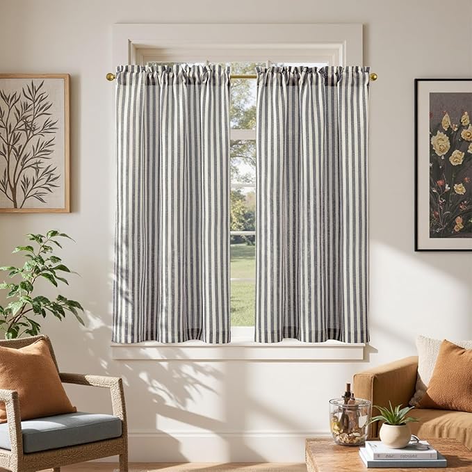 jinchan Striped Linen Kitchen Curtains 45 Inches Tier Curtains Farmhouse Modern Cafe Style Small Window Treatments Airy Light Filtering Rod Pocket for Living Room Bathroom 2 Panels Charcoal Grey