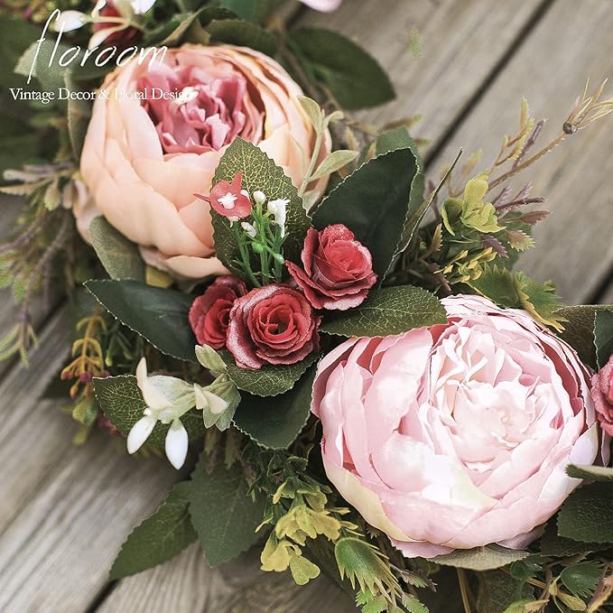 Floroom Floral Wreath, 20" Artificial Pink Peony Wreath for Front Door Decorations Wall Decor