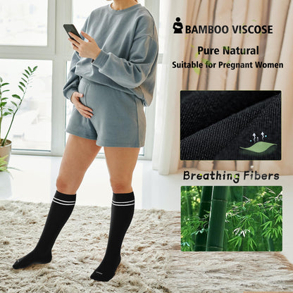 LEVSOX Bamboo Compression Socks for Women&Men 20-30 mmHg Knee High Cute Support Socks for Nurses, Pregnant Women, Travel, 4 Pair-black, XL