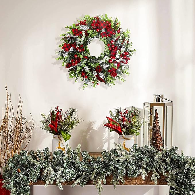 MTSCE Christmas Wreath, Front Door Decoration Wreath Winter Garland Artificial Wreath for House Party Outdoor Indoor Red Black Plaid Wreath-18 Inch