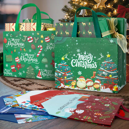 Iioscre 8 PCS Large Christmas Gift Bags With Handles, Non Woven Reusable Holiday Treat Bags for Gifts, 12.8 x 9.8 x 6.7in