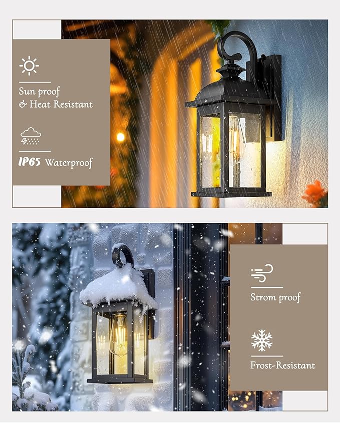 FEMILA Dusk to Dawn Outdoor Wall Sconce, 15" Matte Black Seeded Glass Outdoor Sconce Lights, Front Porch Light Fixtures Wall Mount, Garage Lights for Patio, Entryway, Garden, 4FD54B-PC BK