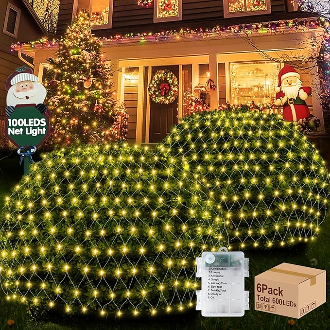 Hezbjiti Pack of 6 Battery Operated Christmas Lights Outdoor Total 600 LED 5FT x 3.3FT Waterproof Timed Memory Net Mesh Lights for Xmas Trees Bushes Garden Yard Lawn Patio Christmas Decor (Warm White)