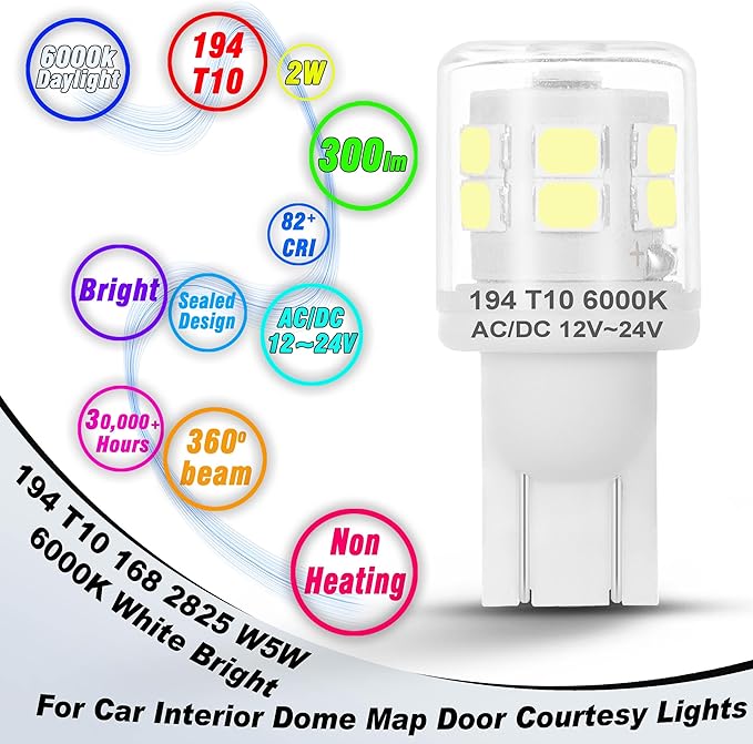 194 LED RV Ceiling Dome Light Bulbs 6000K White Super Bright T10 921 922 912 168 LED Bulbs Replacement for Car Camper Interior Map Door Courtesy License Plate Lights, AC/DC 12-24 Volt, 2 Pack