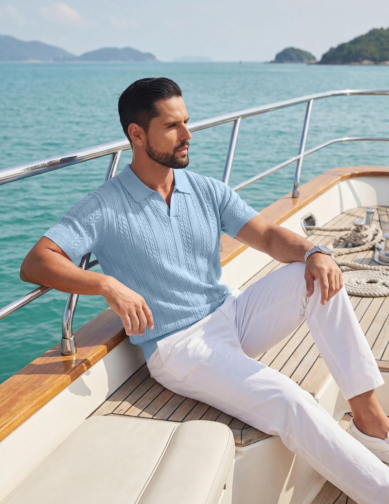 COOFANDY Knit Shirts for Men Polo Shirts Short Sleeve Casual Textured Collared Polo Shirt Golf Old Money Polos Light Blue