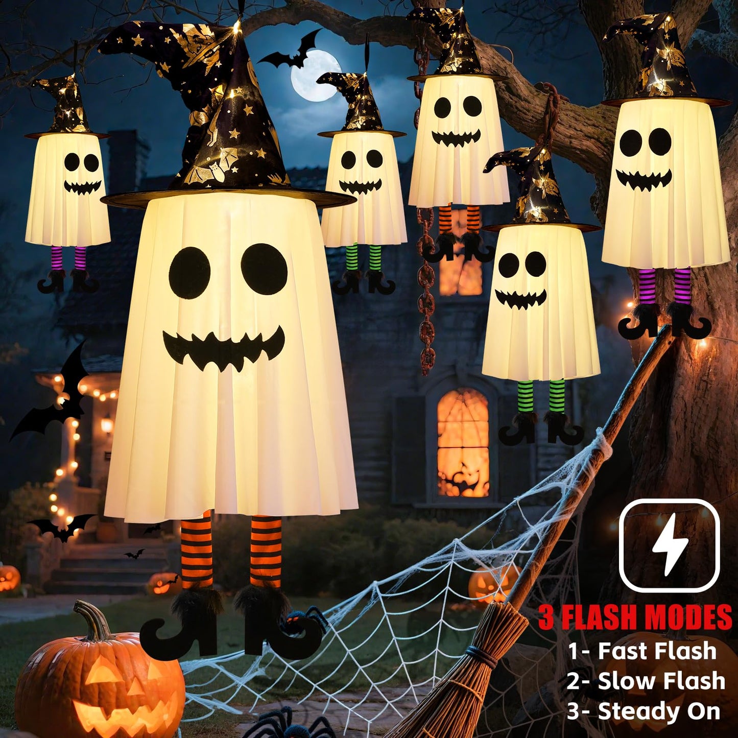 3 Packs Halloween Hanging Ghosts Decorations Outdoor Indoor, Spooky Glowing Ghost Witch Hat Striped Stockings High Heels String Lights 3 Modes Patio Yard Front Porch Tree Party(Contains 18 Batteries)