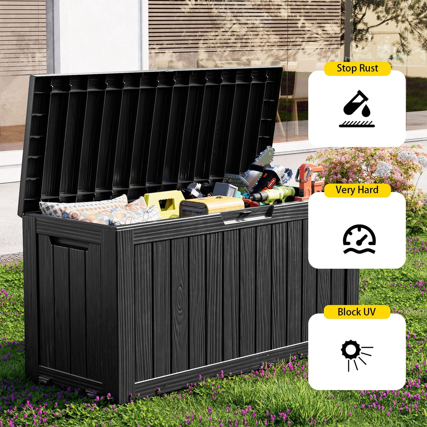 MAIUSCOLI Outdoor Waterproof Resin Storage Deck Box Lockable Outside Bench UV Resistant Bin Patio Porch Furniture Pool Float Garden Tool Cushion (Black, 85 Gallon)