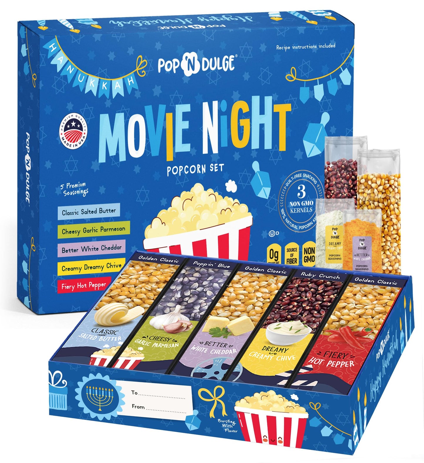 Hanukkah Gifts Movie Night Popcorn Gift Set, Kosher OU-D, Gift Baskets, 5 Gourmet Popcorn Kernels and 5 Flavoring, Non-GMO Hanukkah Set - 10 Pack, Gifts Ideas For Men, Women, Kids