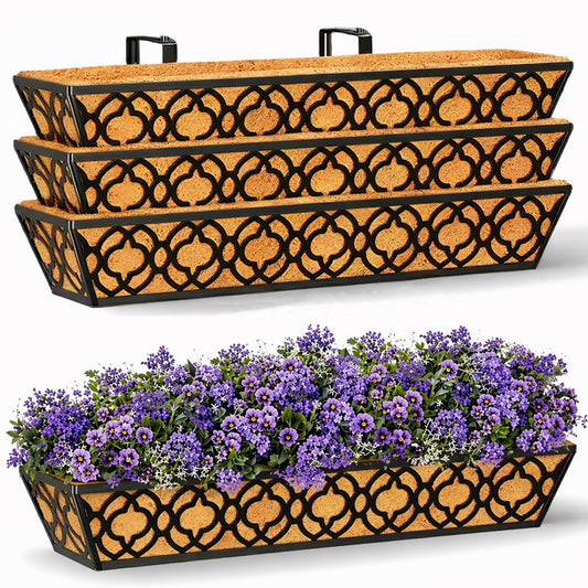 LAWYAMAI 4 Pack 30 Inch Railing Planter Box with Coco Liner, Adjustable Metal Window Box Planter for Balcony Deck Fence, Hanging Flower Basket for Outdoor Garden, Black