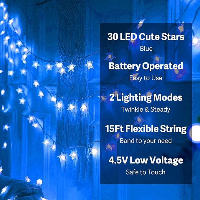 ITICdecor Star Lights Star String Lights 15 FT 30 LED Fairy Light Battery Operated Indoor&Outdoor Twinkle Christmas Lighting Bedroom Decor for Xmas Tree(Blue)
