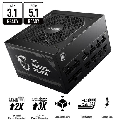 MSI MAG A850GL PCIE5 Power Supply Unit, 850W, 80 Plus Gold, Fully Modular, ATX 3.0, PCIe 5.0 GPU Support, Black Flat Cables, 7 Year Warranty