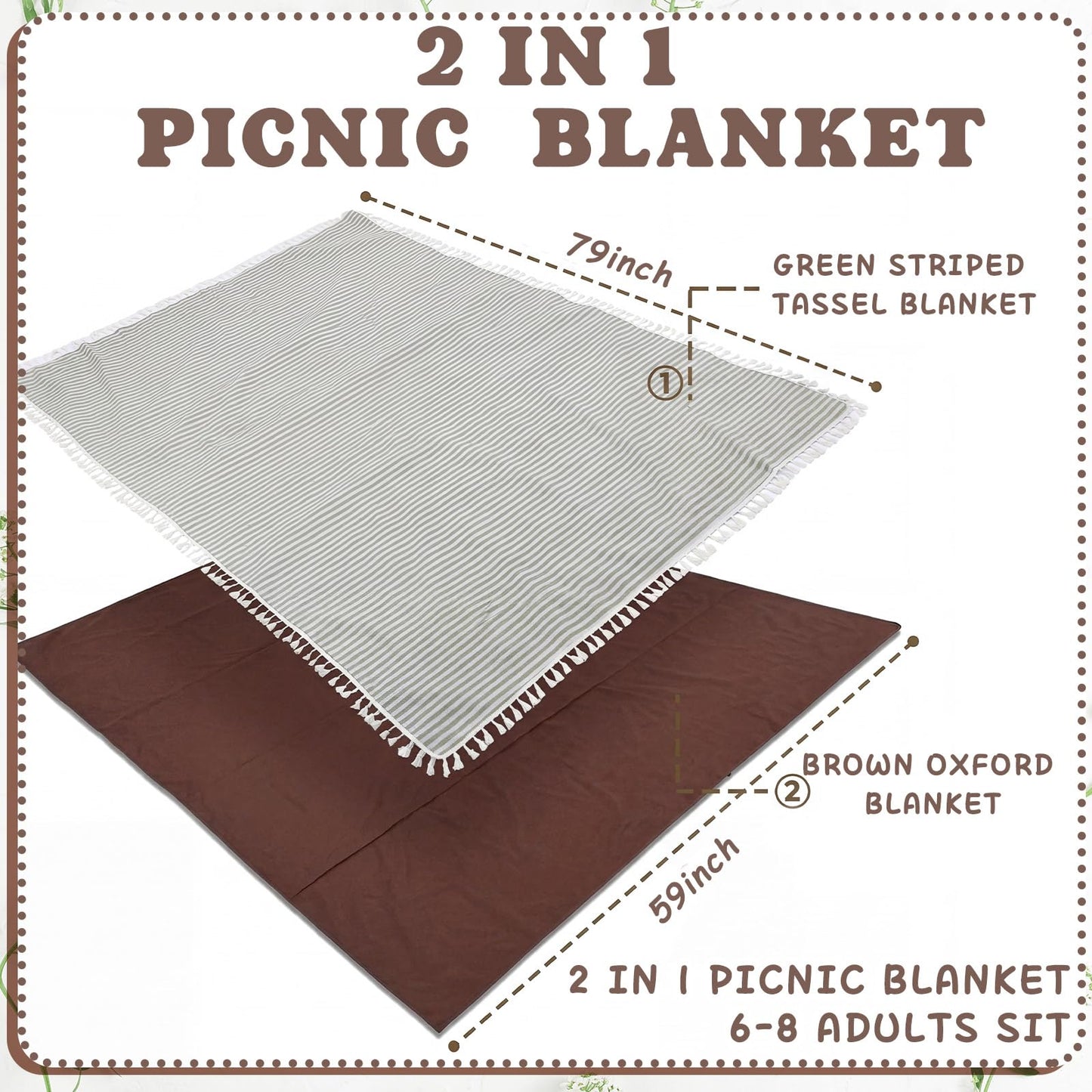 Breling 2 in 1 Double Layer Outdoor Picnic Blanket + Mat, Green Stripe Boho Large Waterproof Beach Mat Foldable Portable Camping Blankets with Carry Strap Tassel for Summer Park Grass 59'' x 79''