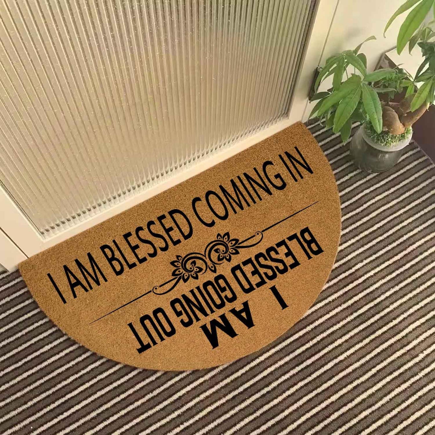 Christian Blessing Welcome Mat - Blessed Coming in & Going Out Half Round Doormat, 29.5" x 17" Faux Coir Entryway Rug, 0.4" Thick Non-Slip Rubber Backing, Durable Religious Floor Decor