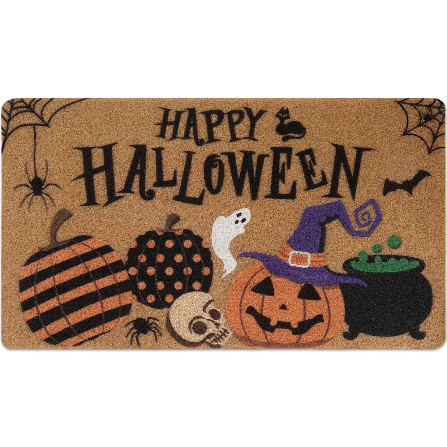 Happy Halloween Jack O'Lantern Doormat Spooky Indoor Outdoor Home Front Porch Rugs Witches Hat Brewing Carpet Gift Fall October Entrance Ornament Supplies 17 x 30 Inches