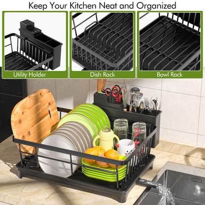 SavvyStor Dish Drainer Rack - Space Saving Dish Rack for Kitchen Counter, Kitchen Dish Drainer with Utensil Holder, Drain Board, Black