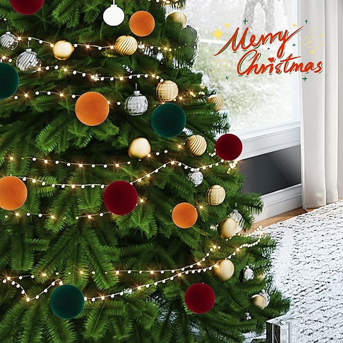 Amooca 3.15in Large Christmas Balls Ornaments Flocking Xmas Tree Hanging Decoration New Year Holiday Party Baubles 6pc Set Red Orange Green