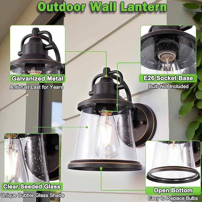 GRUENLICH Outdoor Wall Lantern, Wall Sconce as Porch Lighting Fixture, E26 Medium Base, Metal Housing Plus Seeded Glass, Oil Rubbed Bronze Finish, Bulb Not Included, 1-Pack