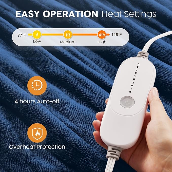 HYLEORY Heated Electric Blanket Twin 62"x84" Soft Fleece & Flannel with 5 Heating Levels & 10 Hours Timer Auto Shutt Off, ETL Certified, Washable，Heated Blanket for Body-Navy