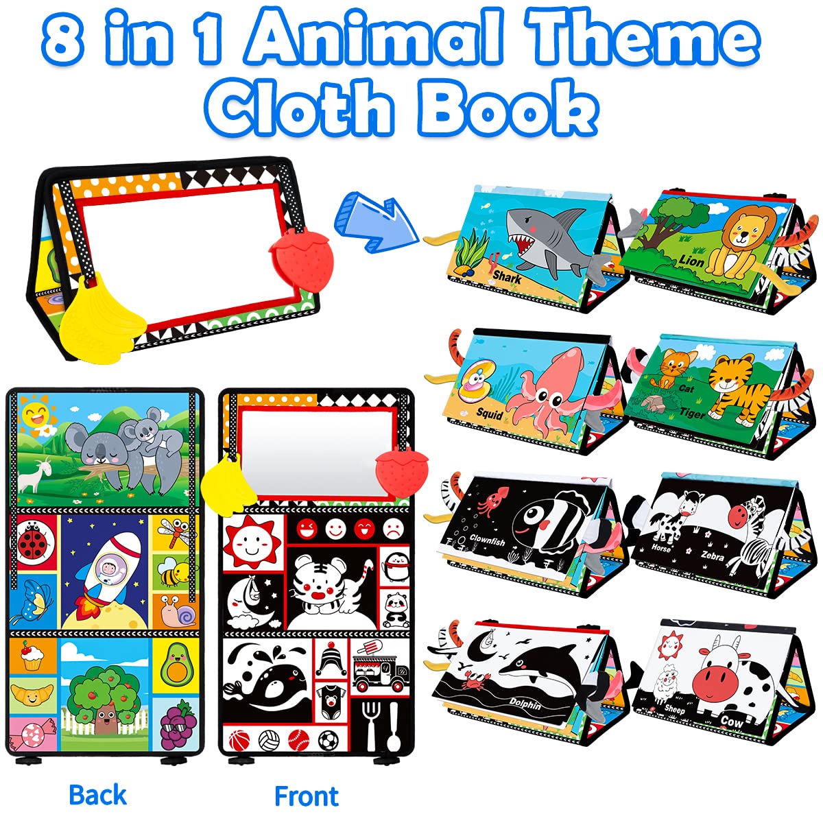 Baby Toys 0-6 Months - Tummy Time Toy Baby Mirror Infant Toys with Cloth Book - Black and White High Contrast Baby Toy for Newborn - Montessori Sensory Toy 0 2 3 4 5 6-12 Months Boy Girl Shower Gifts