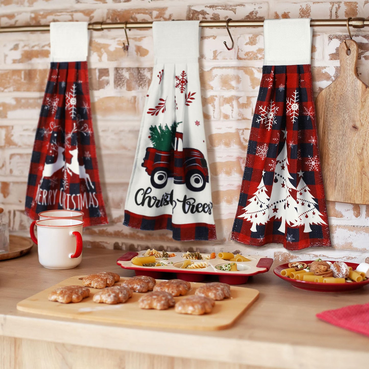 Jingmore 6 Pcs Christmas Hanging Kitchen Towels with Loop Buffalo Plaid Red and Black Hand Tie Towels Microfiber Drying Baking Cooking Cloth