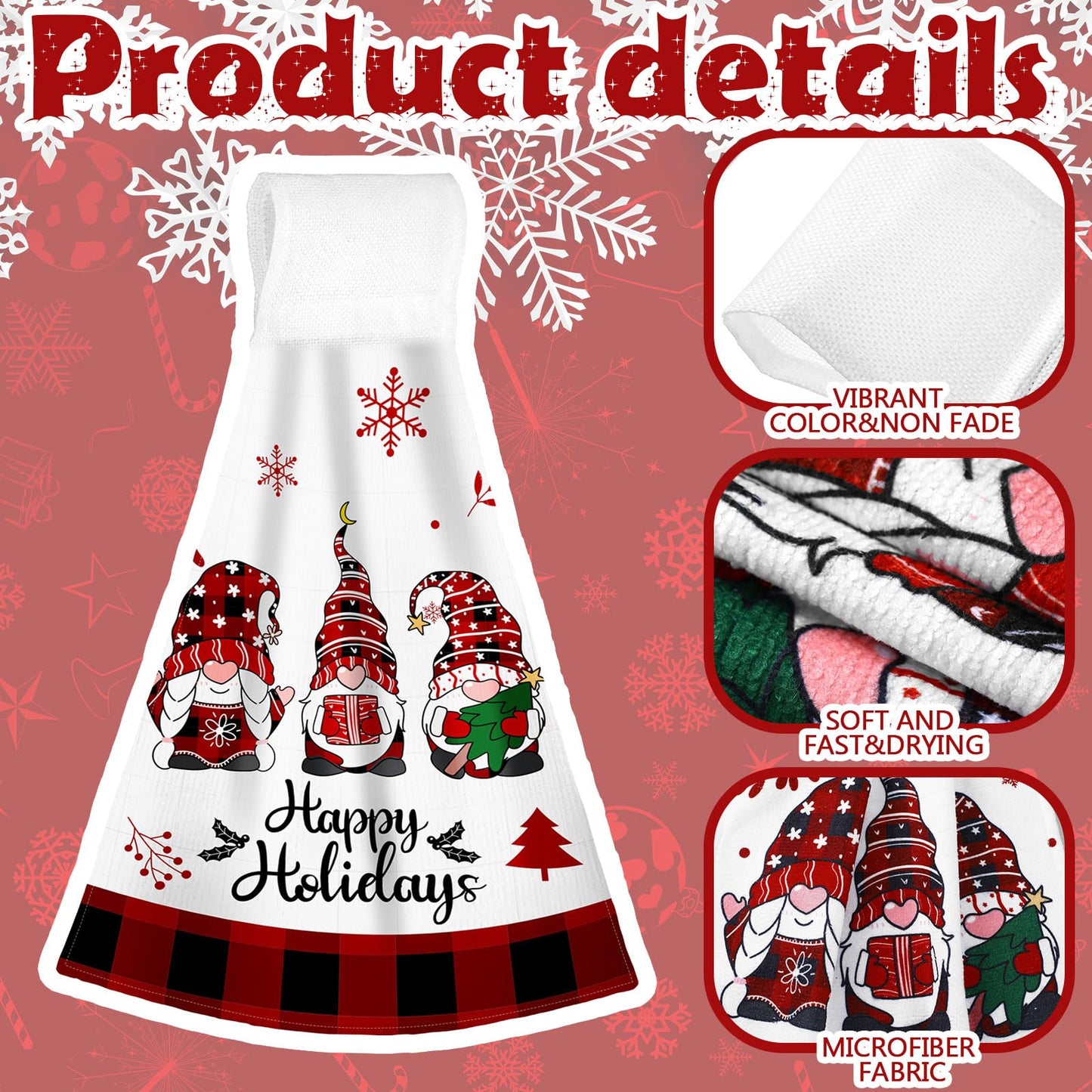 Jingmore 6 Pcs Christmas Hanging Kitchen Towels with Loop Buffalo Plaid Red and Black Hand Tie Towels Microfiber Drying Baking Cooking Cloth