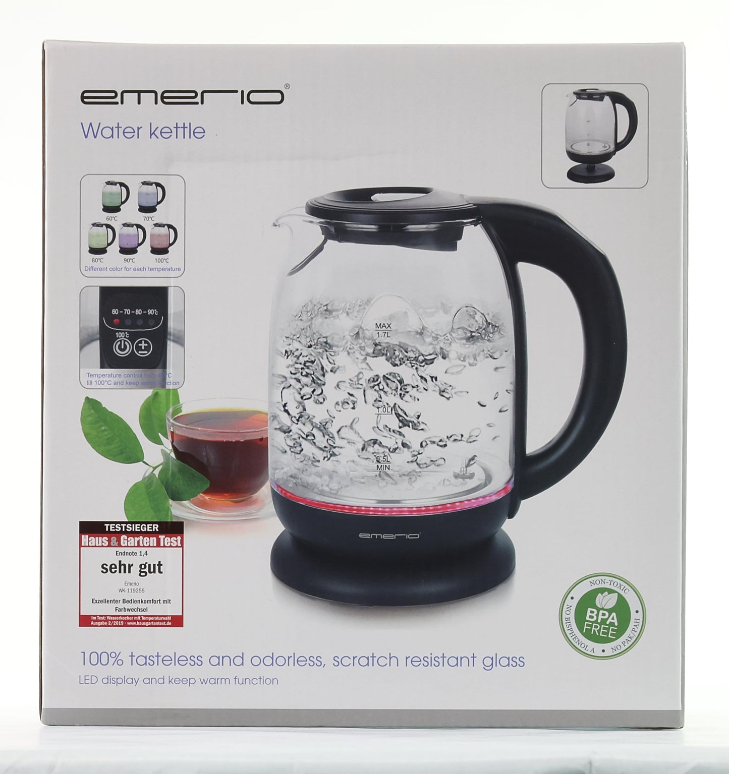 Emerio WK-119255 Electric Kettle Glass, 2200 W, 1.7 liters, Stainless Steel, Transparent Black [Energy Efficiency Class A+]