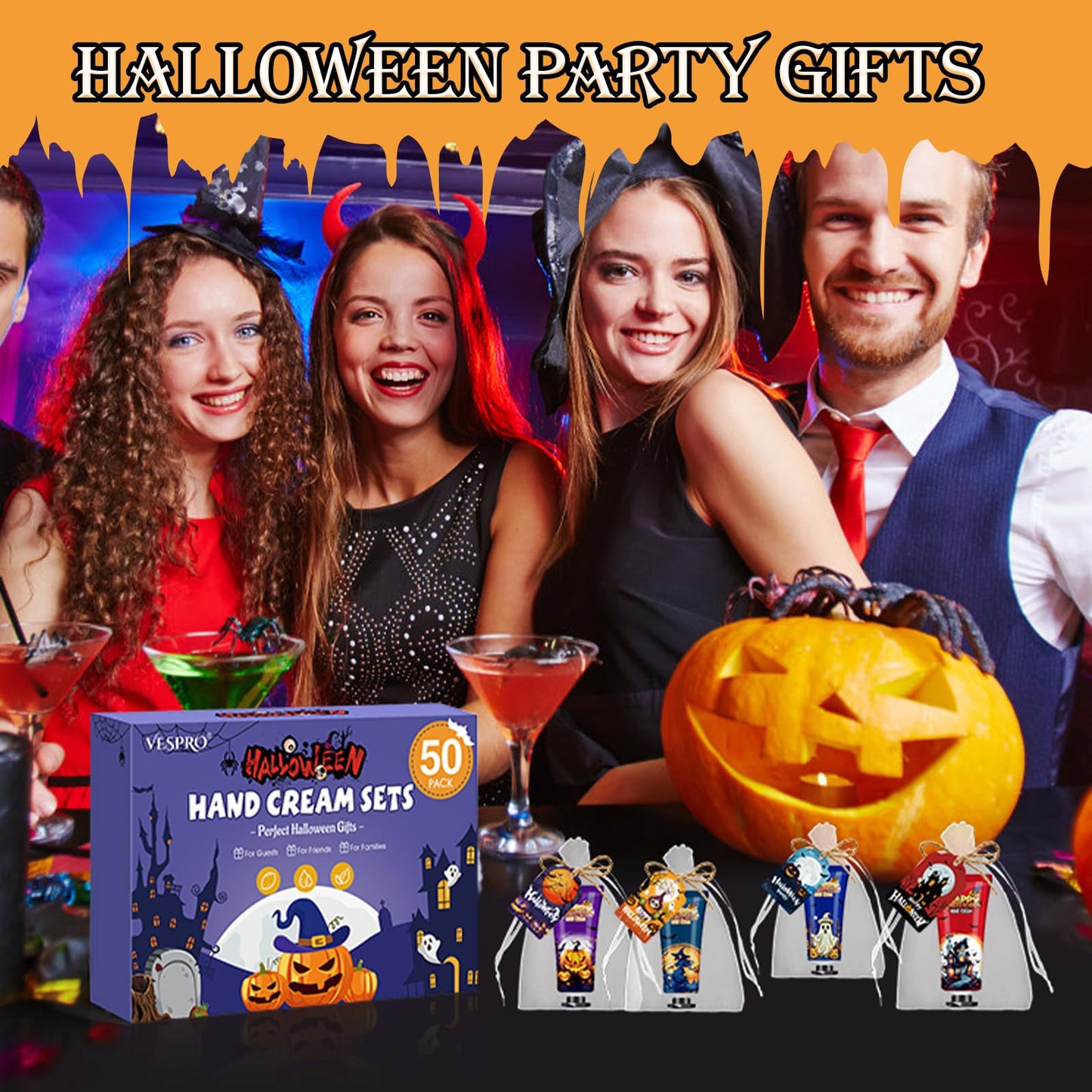 VESPRO 50 Sets Halloween Hand Cream Gift for Women, Hand Lotion for Halloween Party Favors with Halloween Cards and Organza Bags, Halloween Decorations and Bulk Halloween Gifts for Women
