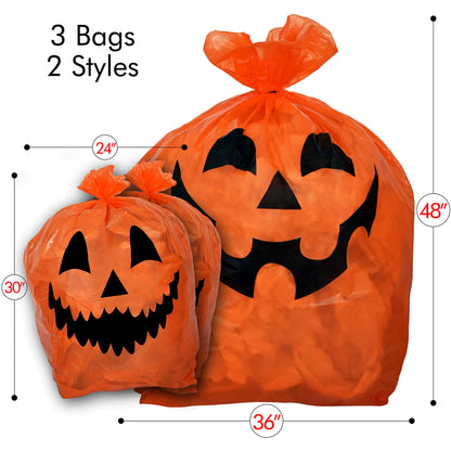 Skeleteen Pumpkin Leaf Bags Decorations - Jack O Lantern Outdoor Yard Fall Lawn and Leaves Pumpkins Decorating Bag with Ties - 3 Sizes