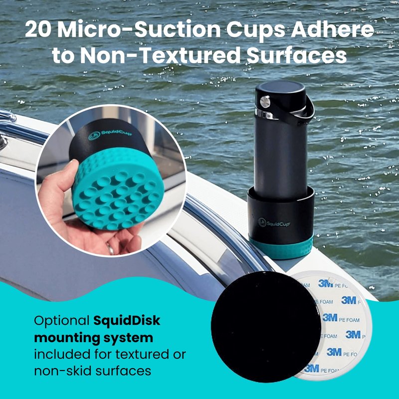 SquidCup Non-Tipping, Anti-Spill Cup Holder for Boats, Kayaks, SUPs, RVs, Fishing & Camping | Universal 12–30 oz Fit | BPA-Free, Optional SquidDisk Mount Included for Textured Surfaces (Black/Teal)