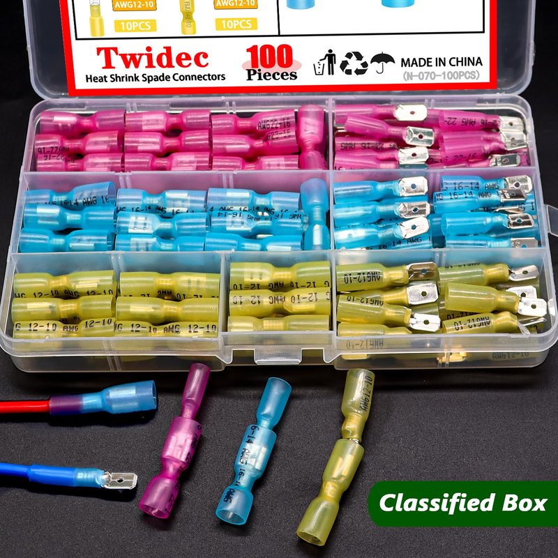 Twidec/100PCS Heat Shrink Spade Connectors Kit 22-10 AWG Female and Male Spade Terminlas Quick Disconnect Connectors Fully Insulated Electrical Wire Crimp Connector for Automotive Marine N-070-100PCS