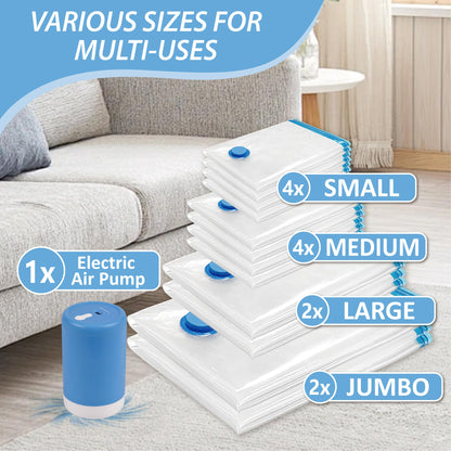 12 Pack Travel Vacuum Storage Bags with Portable Electric Pump, Vacuum Seal Space Saver Bags for Clothing, Vacuum Travel Bags for Luggage