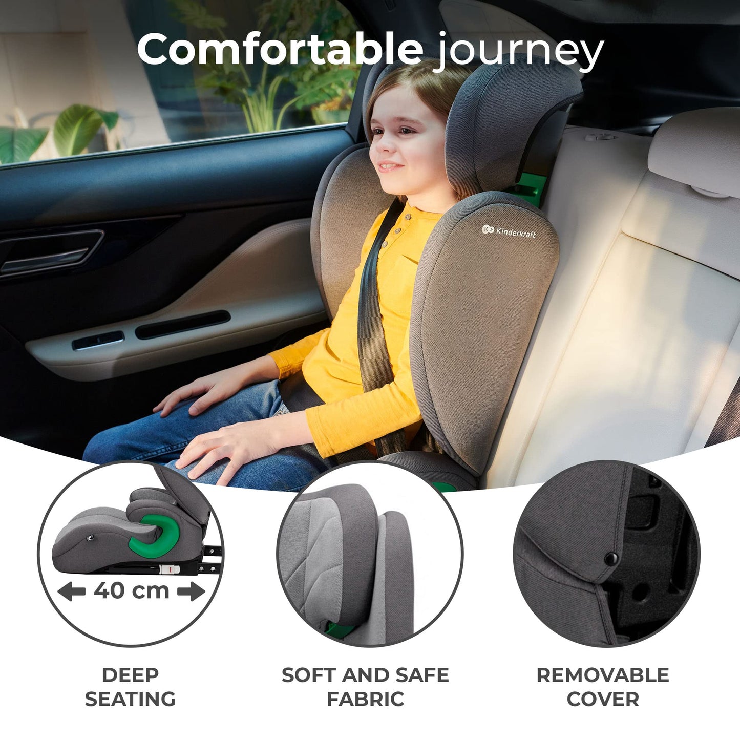 Kinderkraft JUNIORFIX2 Car Seat for 4-12 Years, I-Size 100-150 cm, Group 2/3, Toddler car seat with Isofix, Adjustable Headrest, Reinforced Side protections, Wide and Comfortable seat, Gray