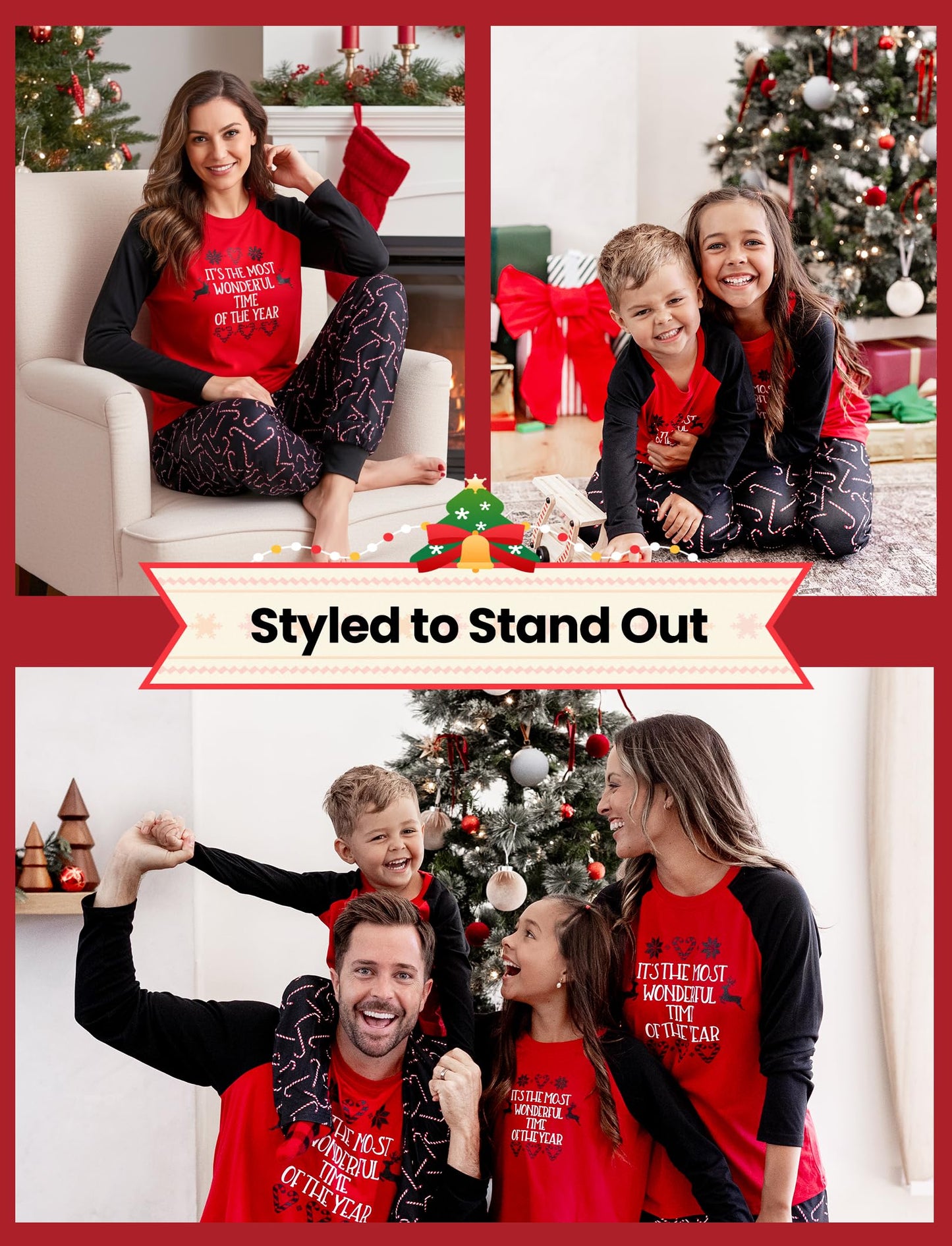 PATPAT Family Christmas Pajamas Matching Sets, Matching Christmas Pajamas for Family, Red Candy Cane Holiday Sleepwear Funny Letter Print PJs including Socks